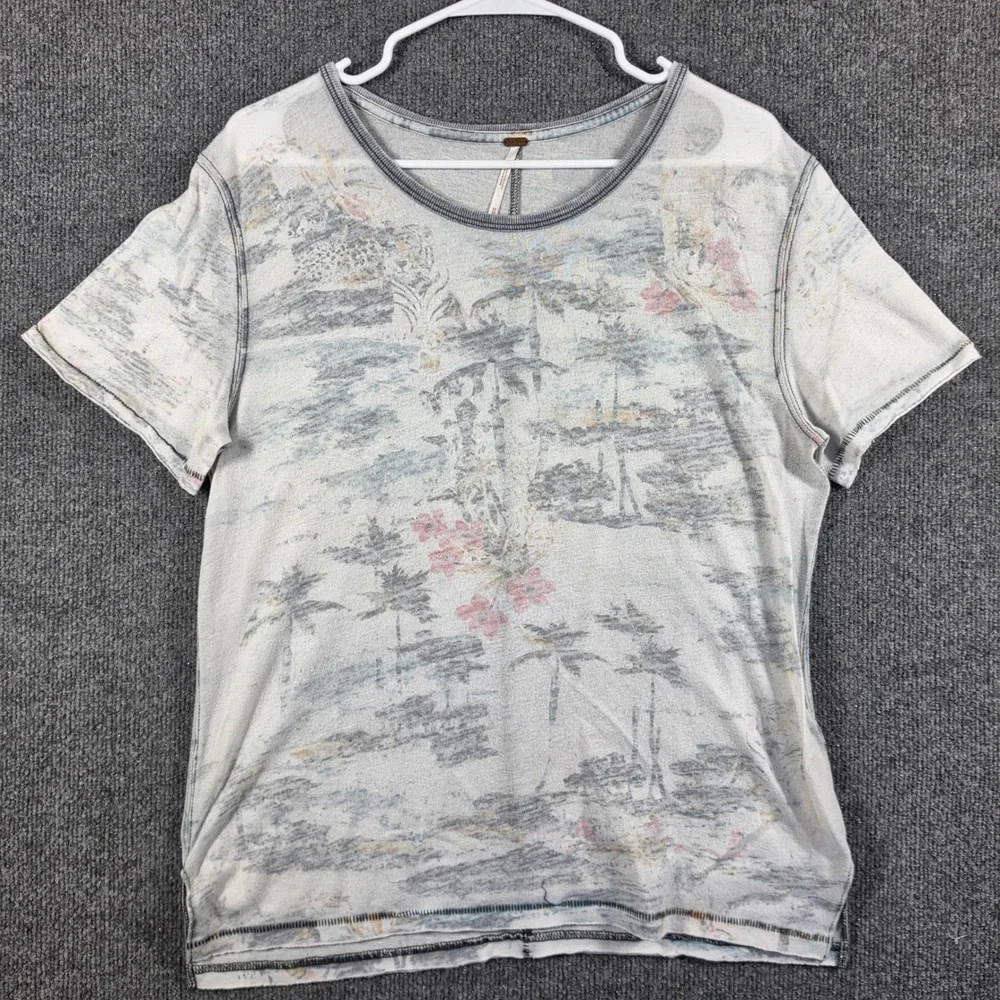 Free People Top Womens Extra Small Graphic TeeTropical Palm Tree‎ Burnout Boho